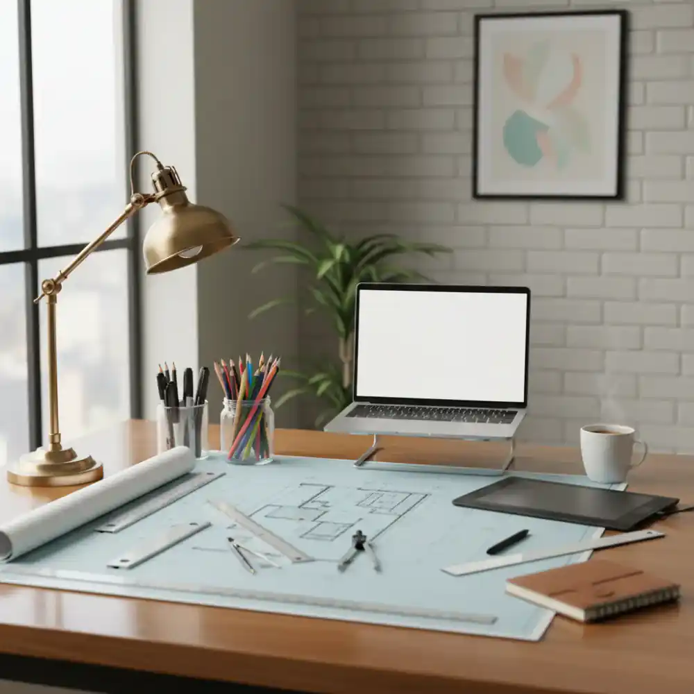 Creative desk setup with drafting materials and laptop